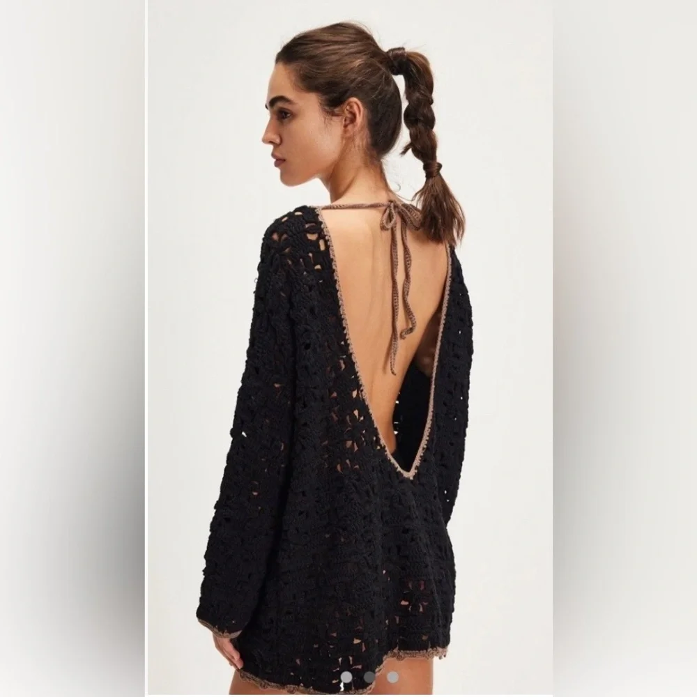 Free People Rue Crochet Tunic XS in Black NWT